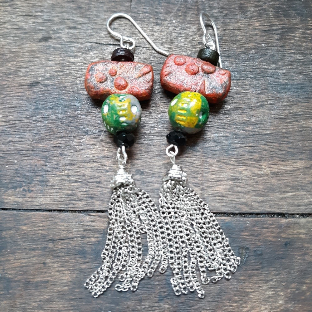 Blue Honey Jewelry Pottery Tassel Earrings  NWT